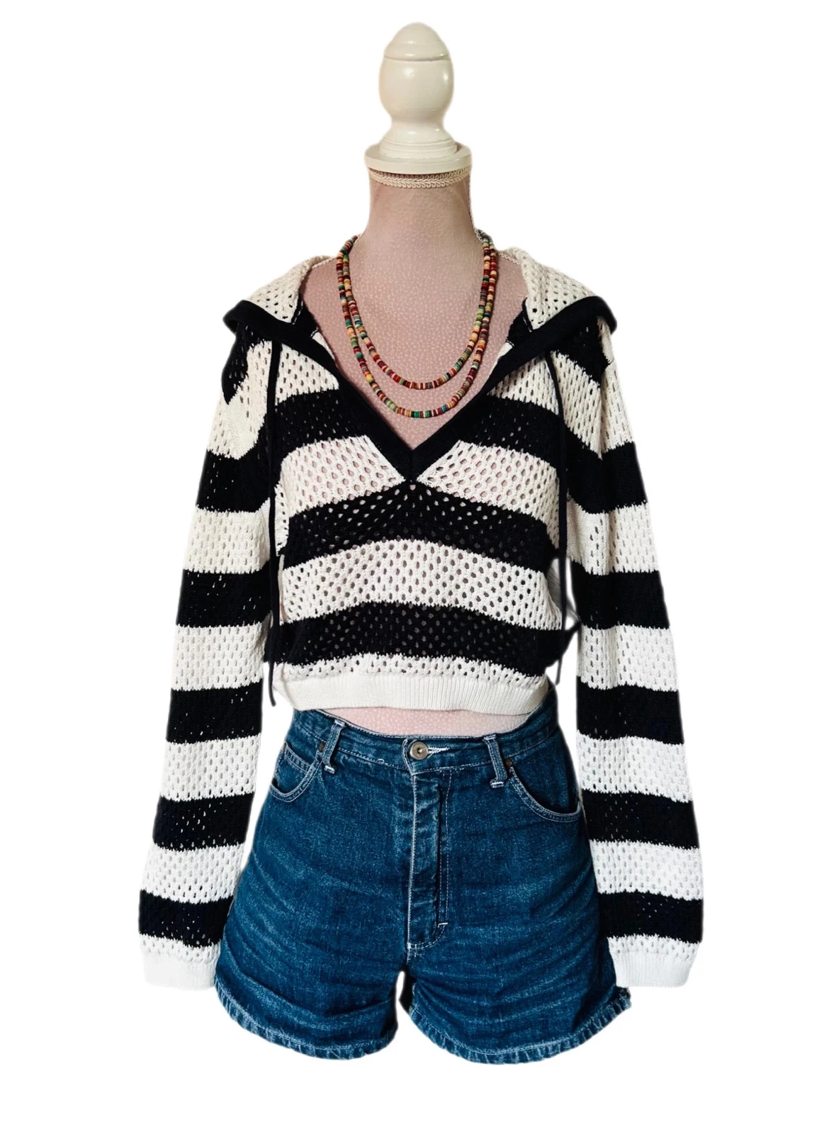 💙🌿Suéter curto de crochê com capuz e listras Y2K Beachwear festival hoodie crop striped sweater S/M🌿💙 – photo 4